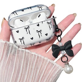 MINSCOSE Compatible with AirPods Pro2 Clear Case,Cute Bow Ribbon Heart Pretty Aesthetic Design with Bow Pearl Keychain,Soft TPU Protective Shockproof Case for Women Girl for Airpod Pro2-Black