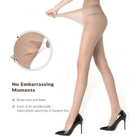 WAKUNA 20D Nude Run-Resist Sheer Tights -2 Pairs with Reinforced Toes Stockings NUDE-Large