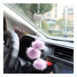 Ziciner Bling Diamond Heart Car Interior Accessories, Car Mirror Hanging Ornament for Women, Love Heart & Pink Plush Ball Decor Ornament Pendant (Light Purple)