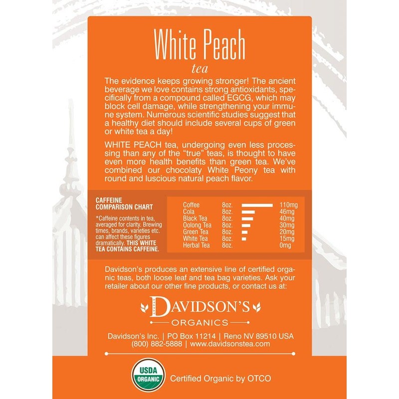 Davidson's Organics, White Peach, 8-count Tea Bags, Pack of 12