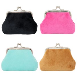 Honbay 4PCS Corduroy Fluffy Artificial Fur Candy Color Coin Purse Kiss Lock Change Purse Fashion Trinkets Pouch Small Women Wallet Clutch Purse