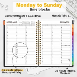 SUNEE SUNEE 2025 Appointment Book, Quarter-Hourly, Weekly & Monthly - from January 2025 - December 2025, 6.4"x8.3" Weekly Planner, Flexible Cover, Note Pages, Pockets, Bookmark, Spiral Binding, Black