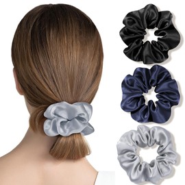 OLESILK Hair Rubber Scrunchy Silk 100% Hair Elastic for Adults, Non-Tracing, Stylish, Hair Cap, Set of 3, 22 Momme, Hair Clip, 1.6 inches (4 cm), Black + Silver + Navy
