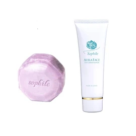 Sophile Aura Face UV Conditioner 1.8 oz (50 g) & Night Soap, 4.9 oz (110 g), Flattens Pores and Fine Lines; Skincare Effective Makeup Base, Dullness, Pore Care, and Cleansing Night Soap Set