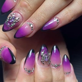 Black French Tip Press on Nails Medium Almond Fake Nails with 3D Nail Charms Design Purple Gradient Glue on Nails Spider Rhinestones Artificial Acrylic Nails Almond Shape Nails Press ons for Women