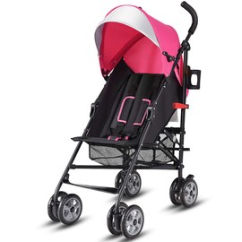BABY JOY Lightweight Stroller, Compact Travel Stroller, Infant Stroller w/Adjustable Backrest & Canopy, Cup Holder, Storage Basket, 5-Point Harness, Easy Fold, Umbrella Stroller for Toddler, Pink