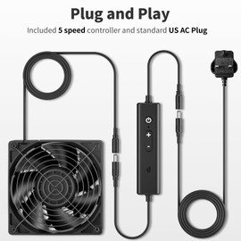 upHere gaming 120mm PC Fan, 120 x 38mm DC 12V Comtuper Cooling Fan, Dual Ball Bearing, AC Plug 220V 240V Speed Control 5 Adjustable for PC Cabinet Server Room Modems Cooling, D1K1