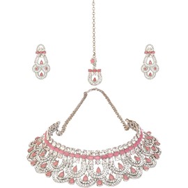 Paershwa Creation Juego de joyera de Bollywood indio chapado en plata con detalles rosados, gargantilla y aretes de araa, Maang Tikka, accesorios de moda para novia, aleacin y abalorio de resina
