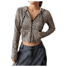 SOLY HUX Women's Leopard Print Zip Up Cropped Hoodies Sweatshirt Drawstring Long Sleeve Casual Jacket Multicoloured Leopard Small