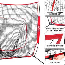 FITFIZZ 7x7 ft Baseball Net for Batting Pitching Hitting, Softball Pitching Net with Strike Zone, Tee, Ball Caddy, Softball Batting Net Baseball Training Equipment for Kids Adult Youth Sport Practice
