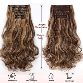 Dcbaboo Clip-In Hair Extensions, Wavy Clip-In Hairpiece, Wavy, 6 Pieces, 55 cm, Synthetic Hair Extensions with Clips, Curly Long Hair Extensions for Women, Medium Brown & Dark Blonde