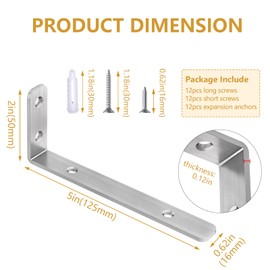 LSK L Bracket, 5"×2"(125×50mm) Heavy Duty Stainless Steel Corner Bracket for Wooden Board Max Load : 42lb, Pack of 6
