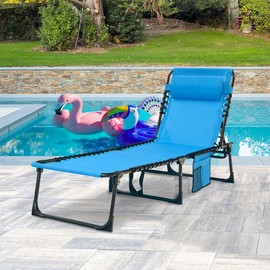 Foristrail Patio Lounge Chair Folding Chaise Bed - Heavy-Duty 400lb Capacity Portable Adjustable Recliner w/Pillow for Pool, Camping, Sunbathing - Lay Flat Design (Blue)