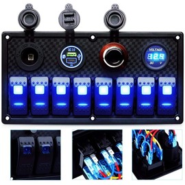 MKING Marine Switch Panel - 8 Gang Waterproof Rocker Panel With Circuit Breaker, USB & Type-C Charger, Digital Voltmeter, Cigarette Socket, 12V Blue LED