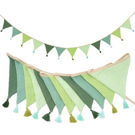 G2PLUS Fabric Bunting Banner with Tassel, 12PCS Double Sided Cotton Bunitng, 2.8m Baby Bunting for Nursery, Green Fabric Triangle Garland for Nursery/Baby Shower/Brithday/Party/Bedroom Decoration