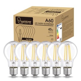 Wesome Lighting Wesome Lighting E27 LED Glhbirne Energieklasse A, 2.2W 470LM, Warmwei? 3000K, Retro-Design, 360 Abstrahlwinkel, A60 Lampe, Nicht Dimmbar (6 Stck)