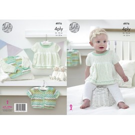 King Cole Baby 4Ply Knitting Pattern Dress & Cropped or Long Sleeved Cardigan (4976),Multicolor,14" - 22" chest