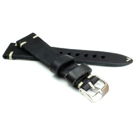 Sulla RIOS 1931 20 mm Men's Calfskin German Watch Strap Vintage Pilot Black White Stitching 20/16 mm, black, Strap.