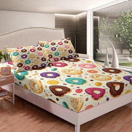 Donuts Fitted Sheet Cute Chocolate Doughnut Bedding Set for Boys Girls Children Bright Colorful Sweet Food Theme Bed Sheet Set Room Decor Full Size 3Pcs