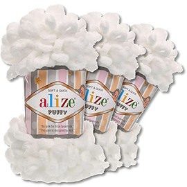 Wohnkult Alize 3 x 100 g Puffy Premium Wool 62 Selection Chenille Loop Wool Knitting and Crochet without Aids (55 | White)