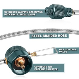 Jeebel Camp 24inch Propane Canister to Threaded Camping Stove Adapter Extension Hose 1L Propane Small Tank Input EN417 Lindal Valve Output with Adjustable On/Off Switch