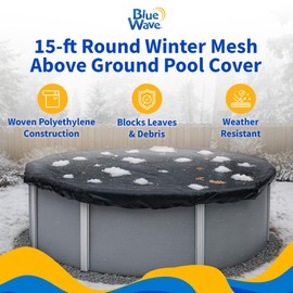 Blue Wave Rugged Mesh 15 ft 8-Year Above Ground Pool Cover for Winter – Fine Mesh Debris Barrier – 4 ft Overlap, Reinforced Grommets, Vinyl-Coated Cable, Metal Winch – Black Finish - BWC602