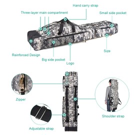 Srempeom 3 Layers Fishing Pole Bag,Portable 3 Layers Oxford Folding Rod Carry Case,Fishing Reel Tackle Storage Bag Case,150cm/59inch