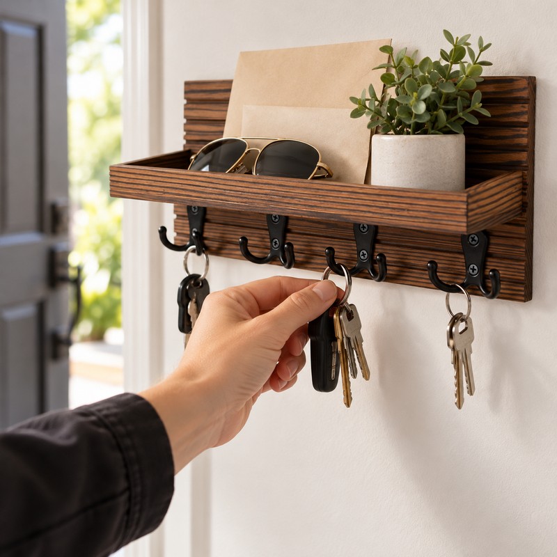 Wall Mounted Wooden Key Holder for Entryway Organization – Rustic