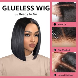 Wear and Go Bob Glueless Wig Human Hair Pre Plucked Pre Cut 5x5 Ready to Wear Glueless Straight Bob Lace Front Wigs For Women HD Transparent Lace Closure Wigs Human Hair Natural Black Color 10 Inch