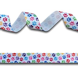 2 Yards (1.82 metres) Dog Paw Print White Rainbow Grosgrain Ribbon 22mm Wide, Ideal for Craft Projects, Scrapbooking, DIY Hair Bows, Present Wrapping etc.