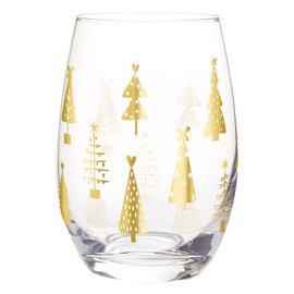 Santa Barbara Design Studio Holiday Stemless Wine Glass with Gold Foil Accent and Gift Box, Holds 17 Fluid Ounces, Trees