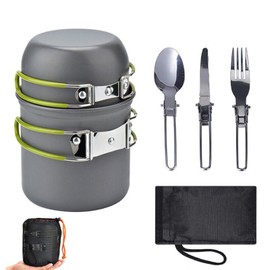Camping Cookware Set Portable Camp Pot Aluminum Alloy Cooking Pot Knife Fork Spoon Kit Green Handle Free Size