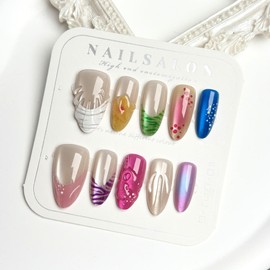 MouyouGlow 30 Pieces Press On Nails Short, Almond Colourful French 3D Flowers Floral Design Cat Eye Magnetic Y2K Fake Nails with Nail Glue, Multiple Colour Summer Phototherapy Artificial Fingernails