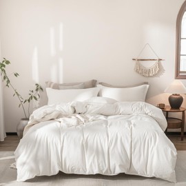 Warm Moment Linen Feel Duvet Cover Full Size 90inch x 80inch,100% Washed Cotton Duvet Cover with Zipper Closure and 2 Pillowcases, Color of Off White