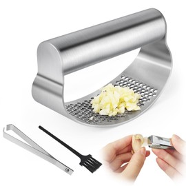 Wantli Garlic press, garlic rocker made of stainless steel, garlic press, portable kitchen aid, with garlic peeler and cleaning brush, easy to use and clean