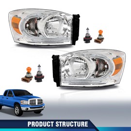 PIT66 Headlights Assembly w/Bulbs & LED Light Bar Compatible with Dodge Ram 1500 2006 2007 2008, Fit Dodge Ram 2500 3500 2006-2009 Front Headlamp Clear Lens Chrome Housing Amber Reflector