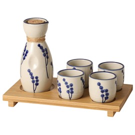 Mocerakai Ceramic Sake Set 5pcs Japanese Traditional Sake Set with 1 Sake Pot 4 Sake Cups Japanese Saki Cup Tokkuri Bottle Ochoko Carafe Soju Home Decoration Gift with Serving Bamboo Tray Dandelion
