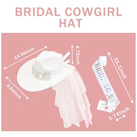 JIANGLAI Bride Cowgirl Hat with Veil and Bride to Be Sash 2 Pcs, White Cowboy Hat for Women Bachelorette Party Accessories Country Wedding, Bridal Shower