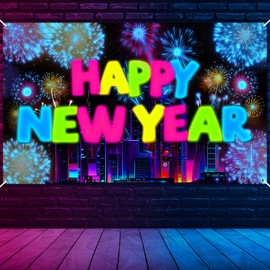HOWAF Neon Happy New Year Banner New Years Decorations 2025, Large Happy New Year Backdrop 2025 Fabric Background Neon New Years Eve Photo Booth Props for New Years Eve Party Supplies 2025,185 x 110cm
