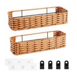 RuralRattan Hanging Wall Basket, Adhesive Wall-Mounted Organizer for Storage, 2-Pack Plastic Wicker Woven Storage Shelves for Kitchen Cabinets, Bathroom, Pantry, Brown Color