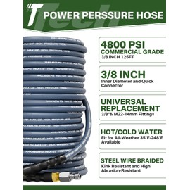 TechSweepPro 3/8" 4800PSI Pressure Washer Hose 125FT with Swivel Quick Connect for Cold/Hot Water Max 248°F, Kink Resistant Steel Wire Braided, Wear Resistant Power Washer Hose with M22 14mm Adapter