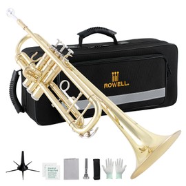 ROWELL Bb Trumpet Standard Trumpet Set,Double Support Beam Design Trunpet, Trumpet Instrument with Hard Case, Cleaning Kit, Stand, Mouthpiece, Gloves, Valve Oil for Beginner,Student and Adult.(Gold)
