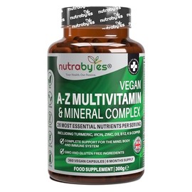 Nutrabytes Vegan A-Z Multivitamin & Mineral Complex, 360 Capsules | 26 Essential Vitamins & Minerals Plant Based Supplement with Turmeric, Iron, Folic Acid and Zinc | 6 Months | UK Made