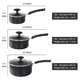 HooJay Nonstick Saucepan with Lid, Non Stick 1Qt & 2Qt & 3Qt Sauce Pan Set with Silicone Handle,Small Milk Pot with Glass Lid for Home Kitchen,Black