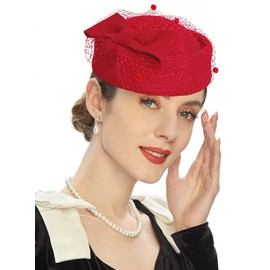 RZTA Women's Vintage 100% Wool Felt Cloche Bucket Bowler Hat Winter Vintage Bow Fedoras Church Fascinator F6-Red