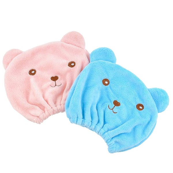 2 toallas secas para el pelo, diseño de oso de dibujos animados, para secado rápido, muy suave, absorbente, para mujeres y niñas (azul y rosa)