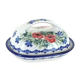 Blue Rose Polish Pottery Cherry Red Bouquet Butter Dish