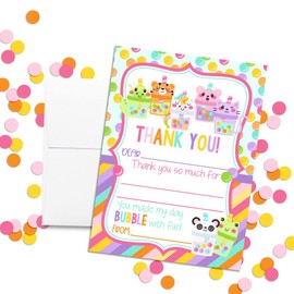 Amanda Creation Let's Par-Tea Cute Animal Bubble Tea Themed Birthday Party Thank You Notes, Ten 4" x 5.5" Fill-In the Blank Cards with 10 White Envelopes