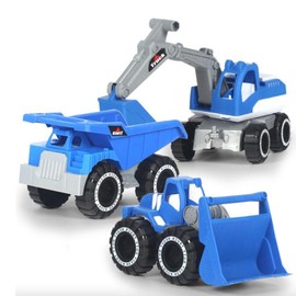 Set of 3 Excavator, Bulldozer, Toy, Working Car, Sand Play, Dump Car, Backpack Included, Sandbox (Blue)