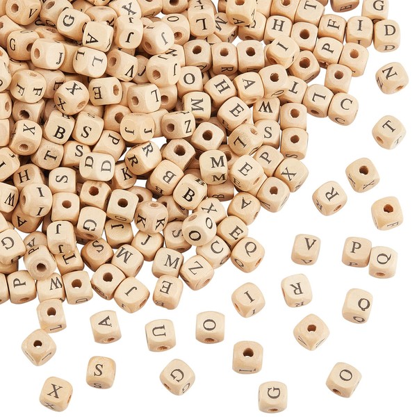 PH PandaHall 1060pcs 10mm Alphabet Wooden Beads Random Natural Square